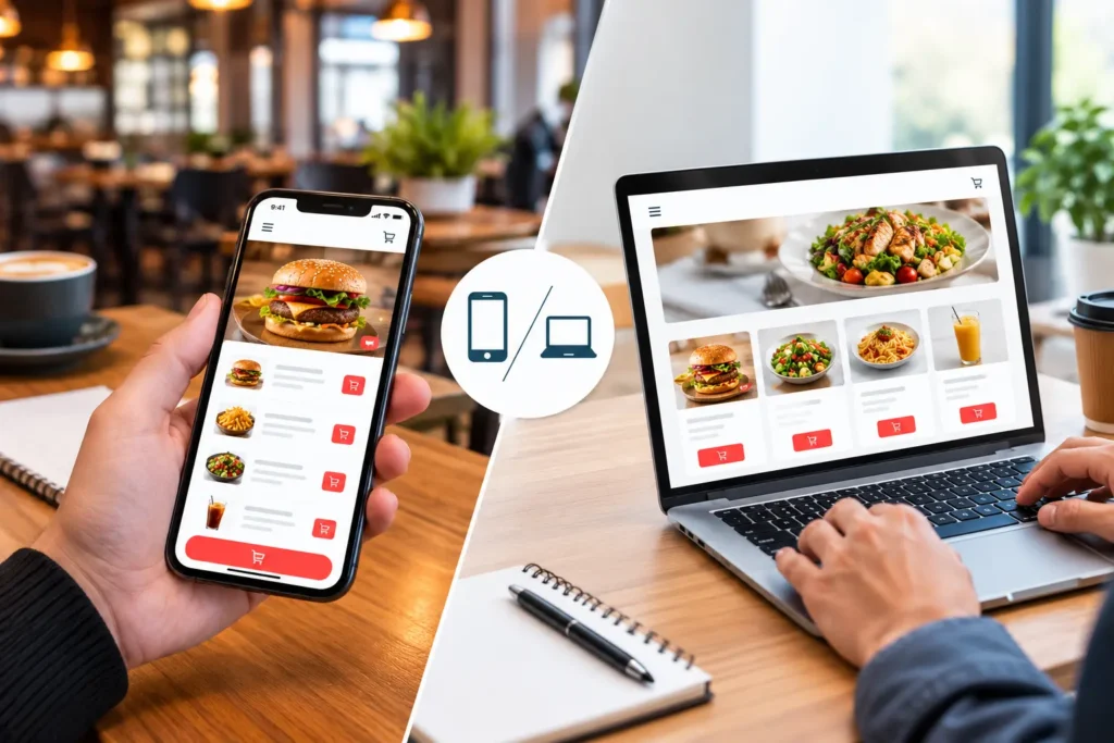 Comparison of a mobile food ordering app on a smartphone and a web-based restaurant ordering system on a laptop, showing digital menus and online food ordering options.