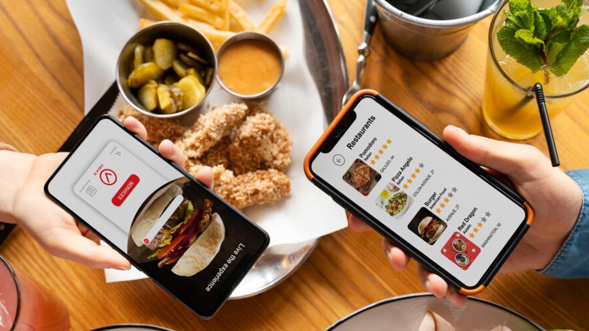 "Smartphone displaying food delivery app interface with restaurant menus, colorful food images, and an active shopping cart, representing online food ordering system benefits"