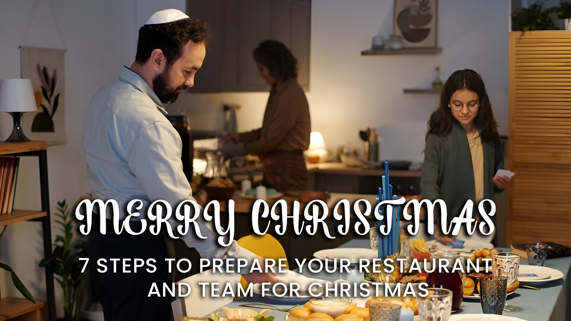 A restaurant decorated with Christmas lights and ornaments, featuring a cheerful team of staff preparing for the holiday rush.