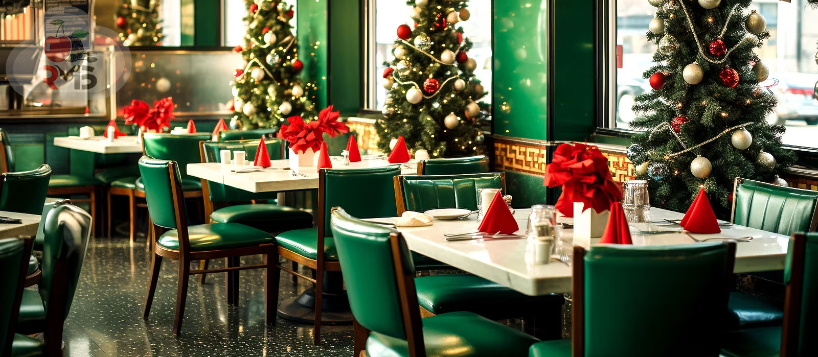 A restaurant decorated with Christmas lights and ornaments, featuring a cheerful team of staff preparing for the holiday rush.