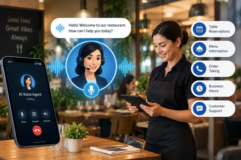 AI voice agent for restaurants handling phone calls, table reservations, menu inquiries, order taking, business hours, and customer support.