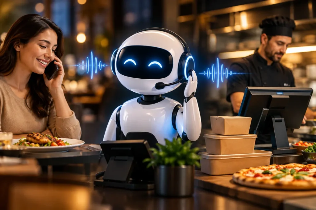 AI voice assistant wearing a headset answering a restaurant phone order while kitchen staff prepare food in the background