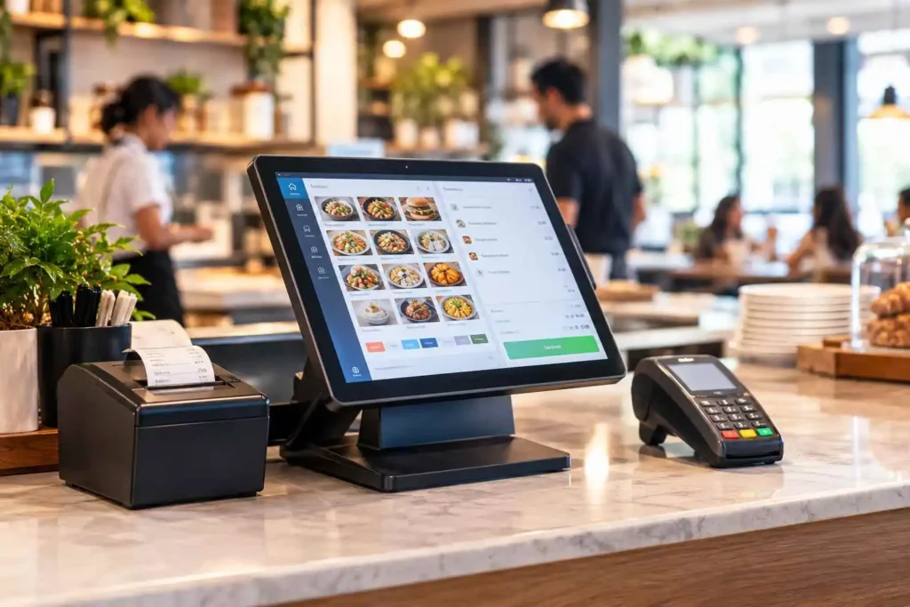 Touchscreen POS system with a receipt printer and card payment terminal on a modern restaurant counter.
